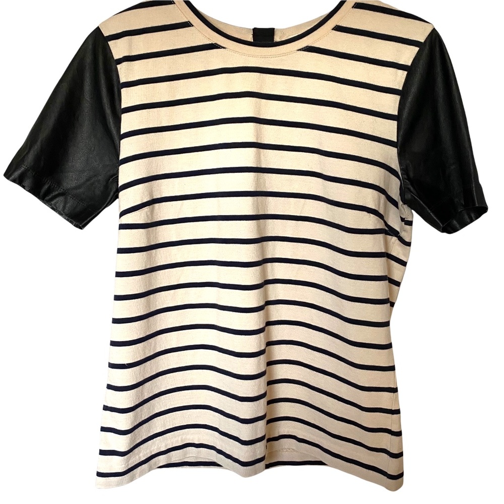 J Crew Leather Sleeve Top in Stripe